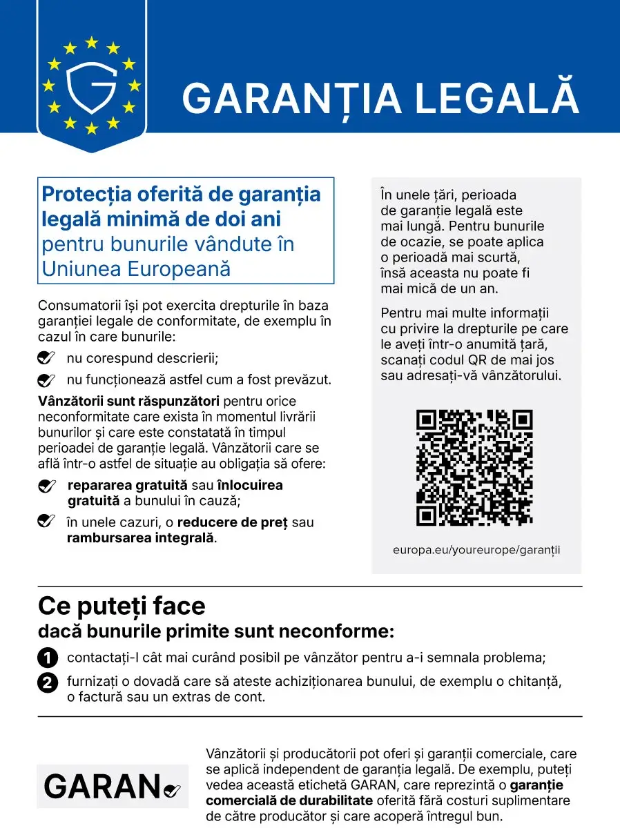 Notificarea armonizată a Uniunii Europene privind garanția legală de conformitate de minimum doi ani, remediile gratuite și pașii de urmat în caz de neconformitate, cu cod QR către portalul Your Europe.